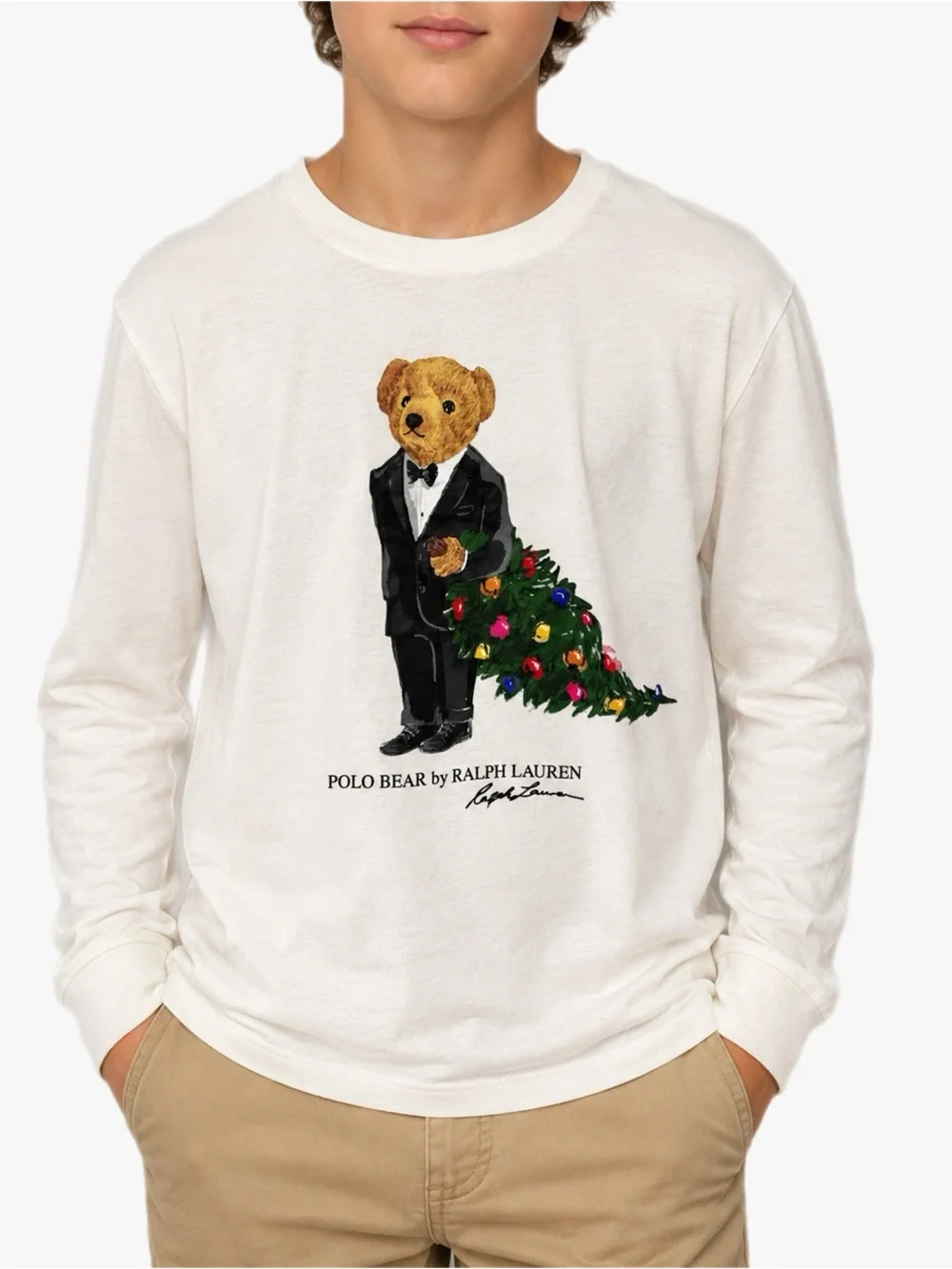 Polo Ralph Lauren Boys XL 18/20 White Polo Bear Christmas Long Sleeve Tee